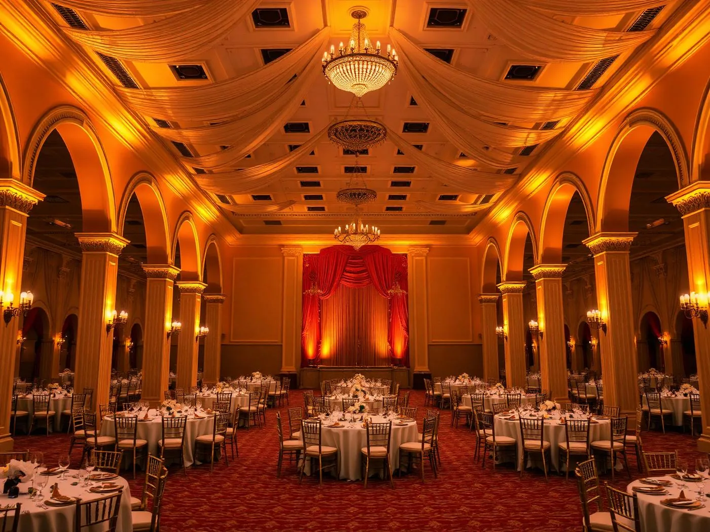 Elegant banquet hall set for a wedding at dusk