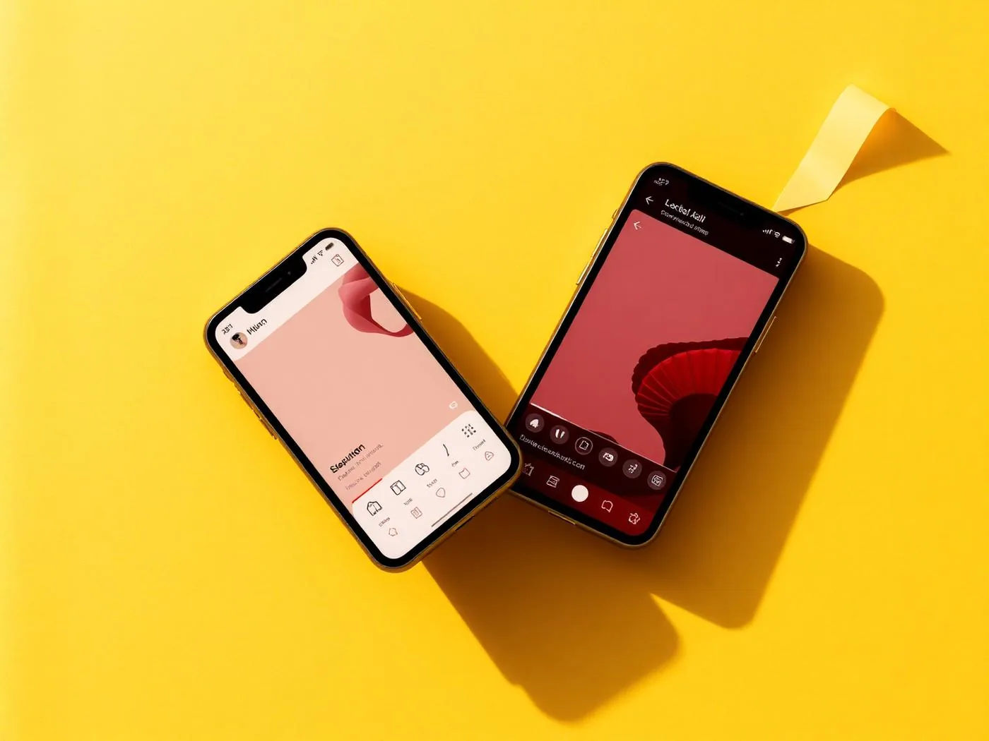 Two phones showing minimal social feed layouts on butter yellow